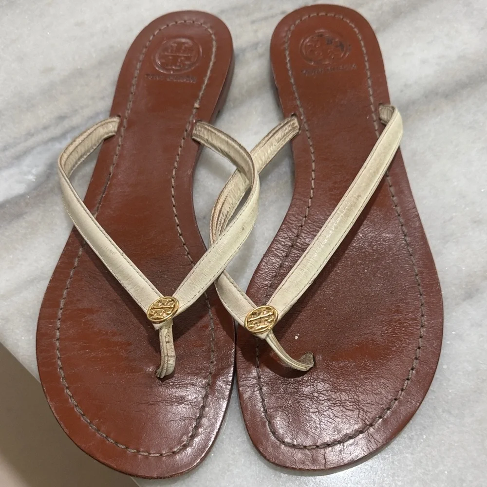 Tory Burch Brown Leather Flip Flop Sandals with Cream Straps